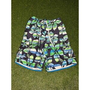 Maui and Sons Swim Trunks Floral Black Green Blue Men's M Elastic Waist Lined